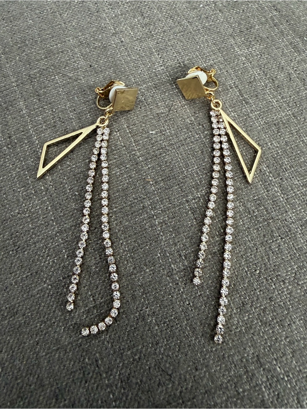 Gold Tone Geometric Rhinestone Tassel Clip-On Earrings